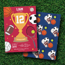 スポーツアスレティックボールキッズレッドブルー誕生日パーティー 招待状