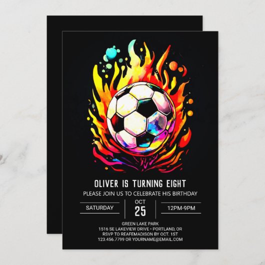 スポーツエレガント印刷用サッカー誕生日 招待状 (正面/裏面)