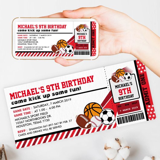 スポーツオールスターチケットパス誕生日招待状 招待状