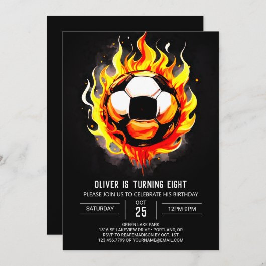 スポーツカラフル印刷用サッカー誕生日 招待状 (正面/裏面)