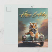 スポーツカーに座る虎　ハッピーバースデー ポストカード (正面/裏面)