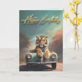 スポーツカーのハッピーバースデーに座っている虎 カード (黄色い花)