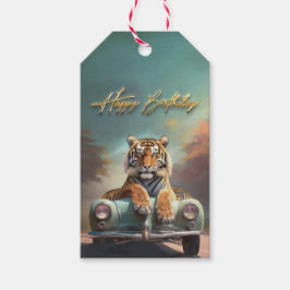 スポーツカーのハッピーバースデーに座っている虎 ギフトタグ