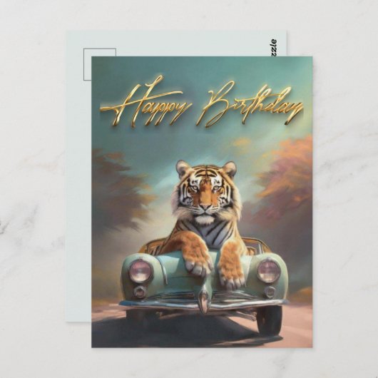 スポーツカーのハッピーバースデーに座っている虎 ポストカード (正面/裏面)