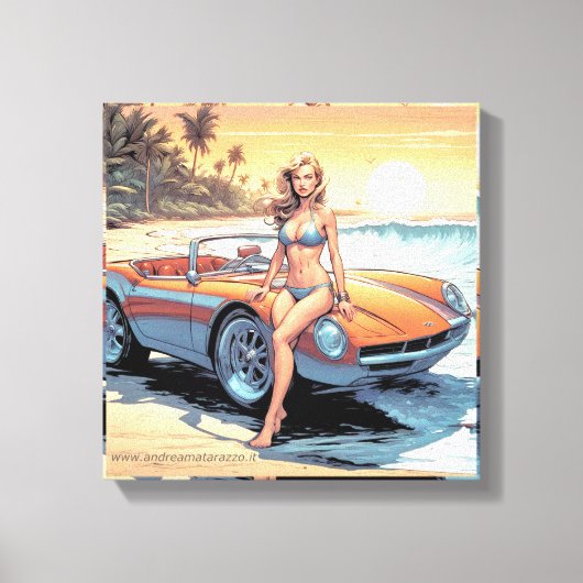 スポーツカーを持つ女の子 キャンバスプリント (正面)