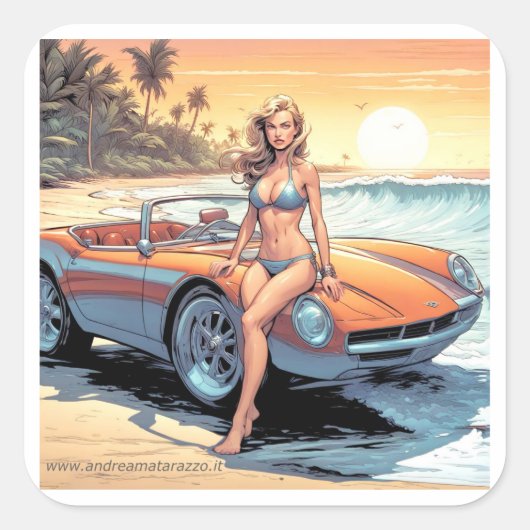 スポーツカーを持つ女の子 スクエアシール (正面)
