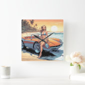 スポーツカーを持つ女の子 スクエア壁時計 (ホーム)