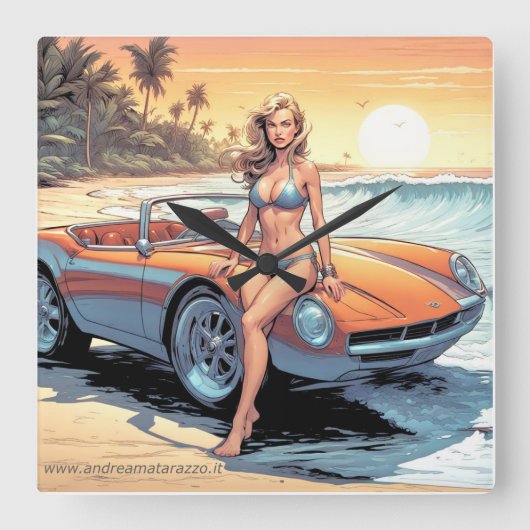 スポーツカーを持つ女の子 スクエア壁時計 (正面)