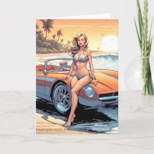 スポーツカーを持つ女の子 ノートカード (正面)