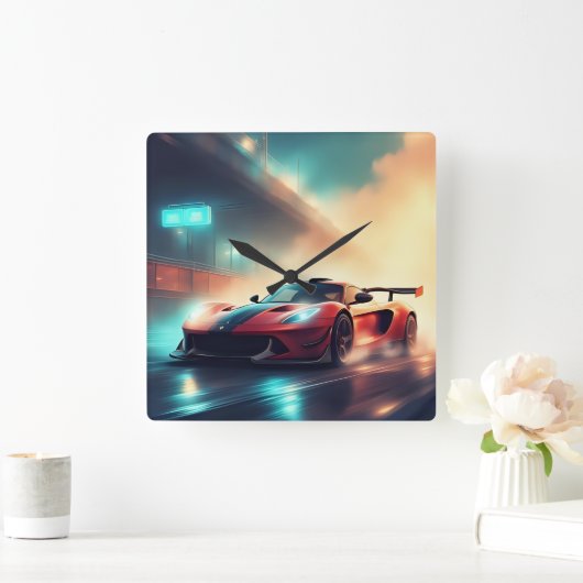 スポーツカーイラストレーション スクエア壁時計 (ホーム)