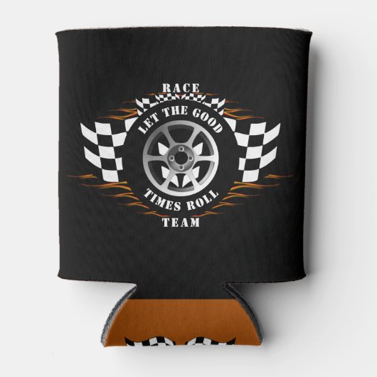 スポーツカーレーシングチーム市松模様にフラッグフレイムスPro 缶クーラー (正面)