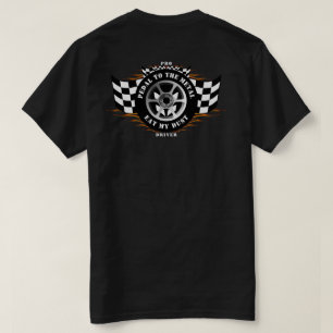 スポーツカーレーシングホイール市松模様にフラッグフレイムプロ Tシャツ