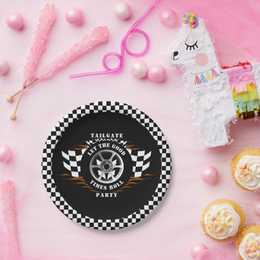 スポーツカーレーシング市松模様にパーティーテールゲート用品 ペーパープレート (パーティー)