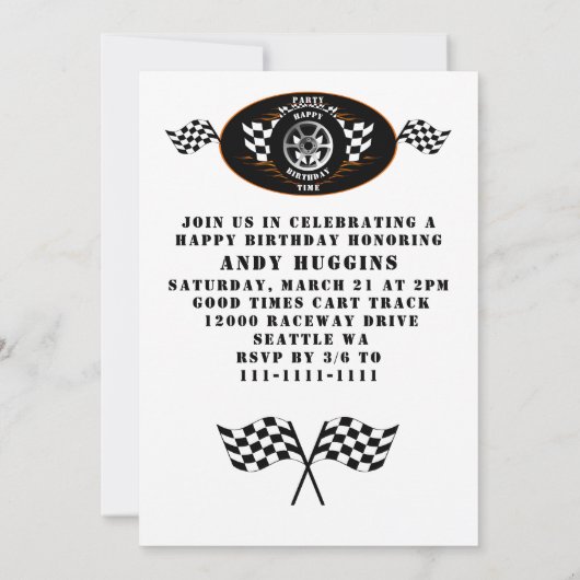 スポーツカーレーシング市松模様にパーティーフラグお祝い 招待状 (裏面)