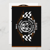 スポーツカーレーシング市松模様にパーティーフラグお祝い 招待状 (正面/裏面)