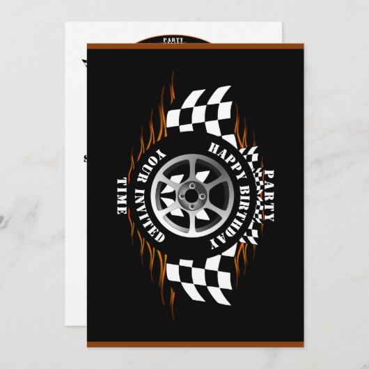 スポーツカーレーシング市松模様にパーティーフラグお祝い 招待状 (正面/裏面)