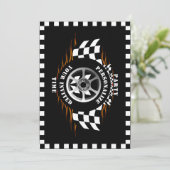 スポーツカーレーシング市松模様にフラグお祝いパーティー 招待状 (スタンド正面)