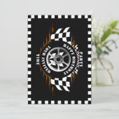 スポーツカーレーシング市松模様にフラグパーティーお祝い 招待状 (スタンド正面)