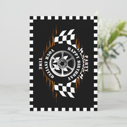 スポーツカーレーシング市松模様にフラグパーティーお祝い 招待状 (スタンド正面)