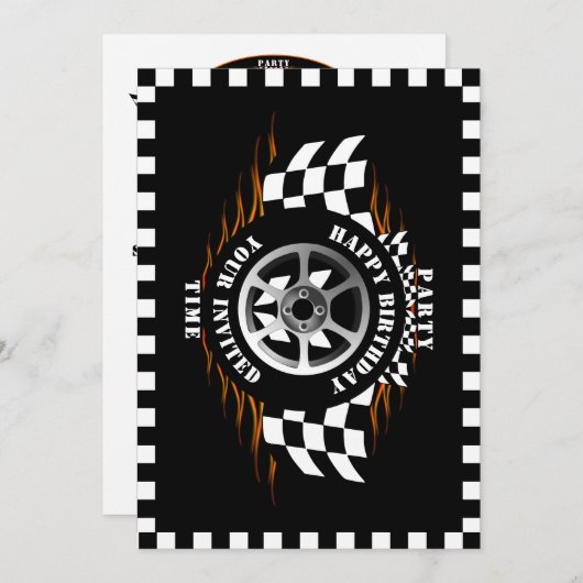 スポーツカーレーシング市松模様にフラグパーティーお祝い 招待状 (正面/裏面)