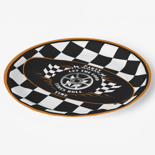 スポーツカーレーシング市松模様にフラグパーティー用品 ペーパープレート (アングル)
