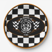 スポーツカーレーシング市松模様にフラグパーティー用品 ペーパープレート (正面)