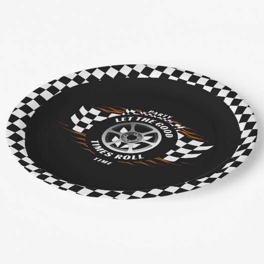 スポーツカーレーシング市松模様にフラグパーティー用品 ペーパープレート (アングル)