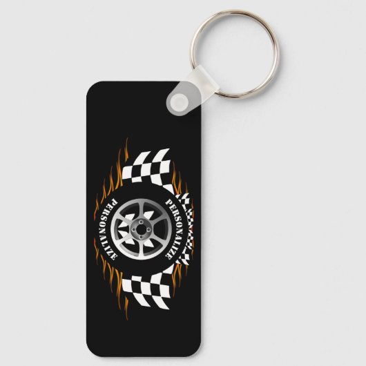 スポーツカーレーシング市松模様にフラグ通りレーサープロ キーホルダー (裏面)
