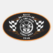 スポーツカーレーシング市松模様にフラッグフレイムヘルメット 楕円形シール (正面)