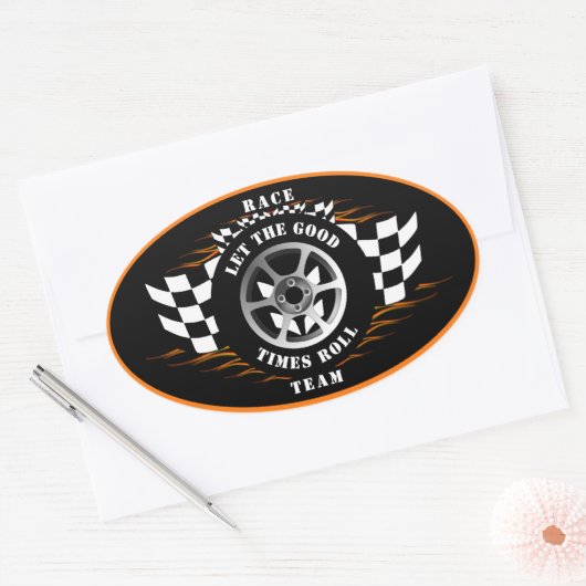 スポーツカーレーシング市松模様にフラッグフレイムヘルメット 楕円形シール (封筒)