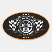 スポーツカーレーシング市松模様にフラッグフレイムヘルメット 楕円形シール (正面)