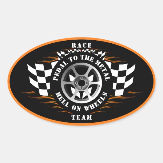 スポーツカーレーシング市松模様にフラッグフレイムヘルメット 楕円形シール (正面)