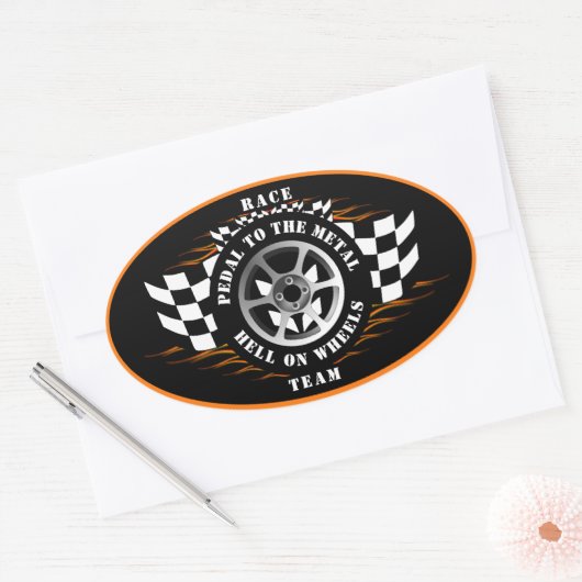 スポーツカーレーシング市松模様にフラッグフレイムヘルメット 楕円形シール (封筒)