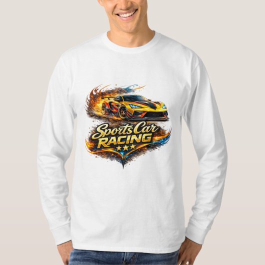 スポーツカーレースの炎グラフィック長袖Tシャツ Tシャツ (正面)