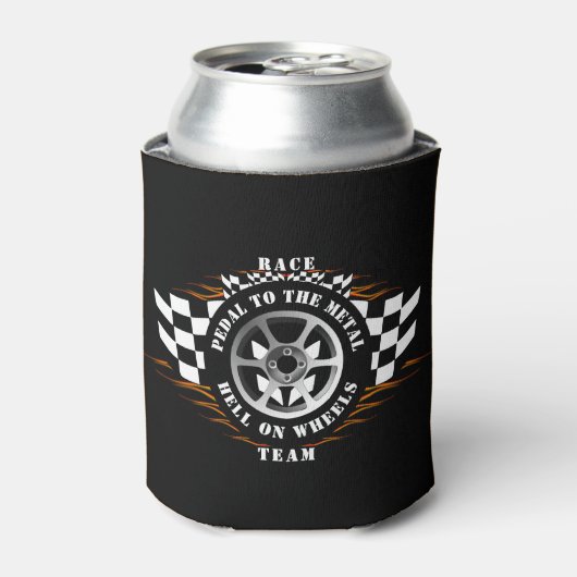 スポーツカーレースフレイムバーンアウト市松模様にフラグ 缶クーラー (缶正面)