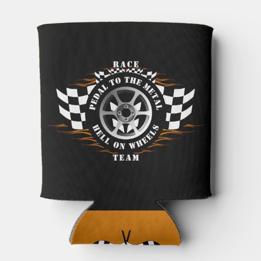スポーツカーレースフレイムバーンアウト市松模様にフラグ 缶クーラー (裏面)
