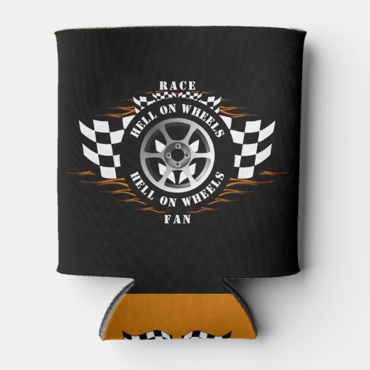 スポーツカーレース地獄オンホイールプロ市松模様にー 缶クーラー (正面)