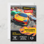 スポーツカー付きレースカー誕生日パーティー 招待状 (正面)