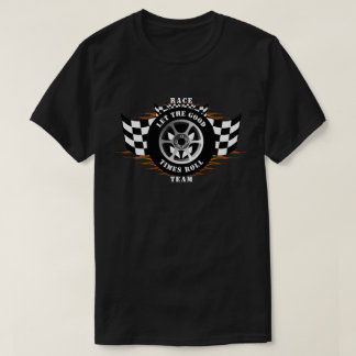 スポーツカー市松模様にレーシングフラッグバーンアウト炎 Tシャツ