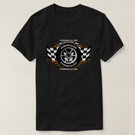 スポーツカー市松模様にレーシングフラッグホイールフレイムプロ Tシャツ