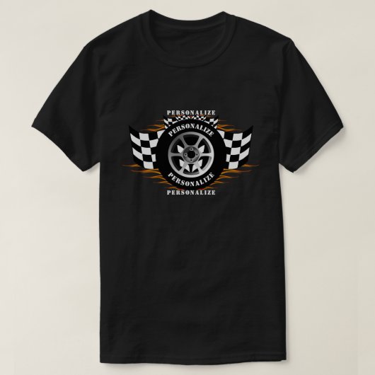 スポーツカー市松模様にレーシングフラッグホイールフレイムプロ Tシャツ (デザイン正面)
