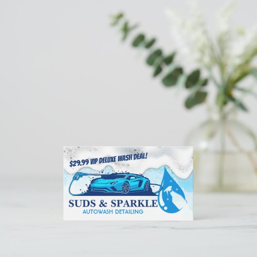 スポーツカー清掃ロゴ | 泡と水 名刺 (スタンド正面)