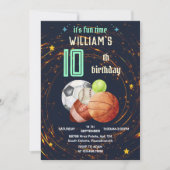 スポーツゲームブルーキッズボーイズスポーツ10th誕生日 招待状 (正面)