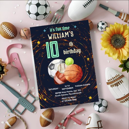 スポーツゲームブルーキッズボーイズスポーツ10th誕生日 招待状
