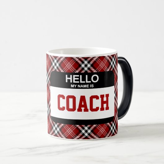 スポーツコーチナメタグチームマルーンプレイドハロー モーフィングマグカップ (正面右)