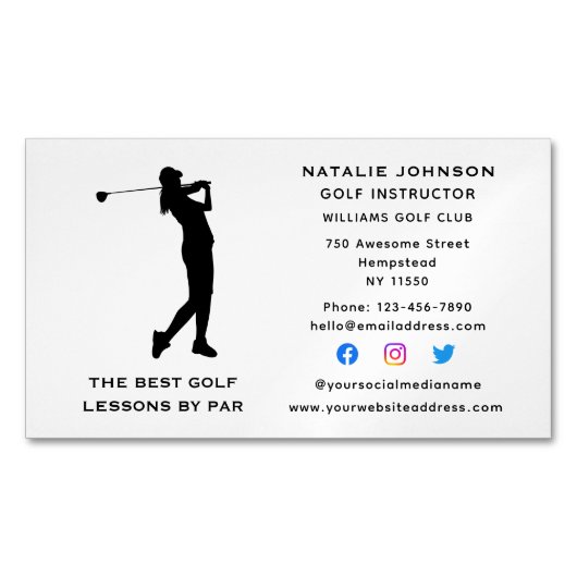 スポーツコーチ女性ゴルフインストラクターソーシャルメディア マグネット名刺 (正面)