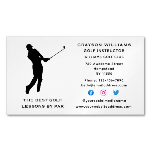 スポーツコーチ男性ゴルフプロインストラクターソーシャルメディア マグネット名刺 (正面)