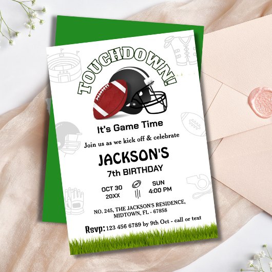 スポーツサッカーのタッチダウン子供たちgameday 7th誕生日 招待状