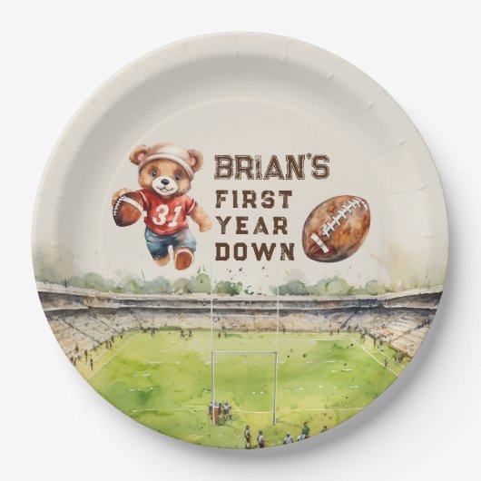 スポーツサッカーの最初の年ダウン男の子1歳の誕生日 ペーパープレート (正面)