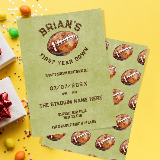 スポーツサッカーの最初の年ダウン男の子1歳の誕生日 招待状